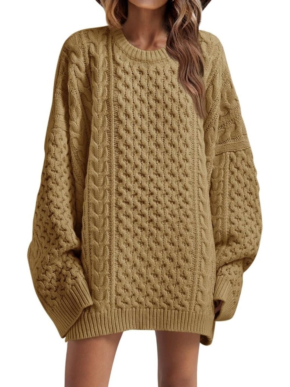 Women's Khaki Oversized Sweaters Chunky Cable Knit Tunic Long Winter Sweater